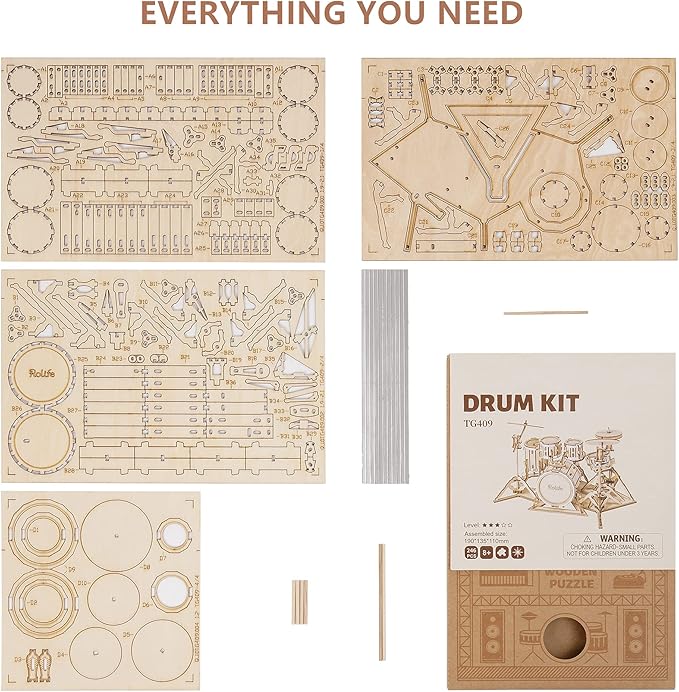 ROBOTIME Wooden Craft Kits for Kids 3D Wooden Puzzle DIY Model Drum Kit to Build for Boys Adorable Home Decoration for Teens