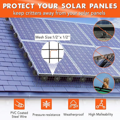 6in x 120ft Solar Panel Bird Guard & Critter Guard Mesh Kit, PVC Coated Wire Mesh Bird Wire with 100 Clips, 100 Cable Ties, Gloves, Pliers, DIY Bird Netting Solar Panel Bird Mesh Barrier