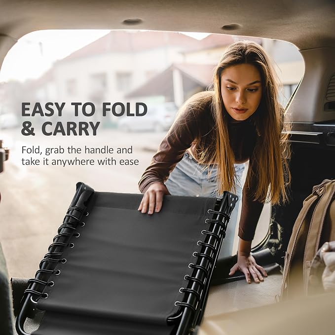 Outsunny Folding Chaise Lounge Chair Outdoor, Sun Tanning Chair with Side Pocket, Carrying Strap, Portable Patio Beach Lounger with 5-Position Reclining Back, Headrest for Pool, Camping, Yard, Black