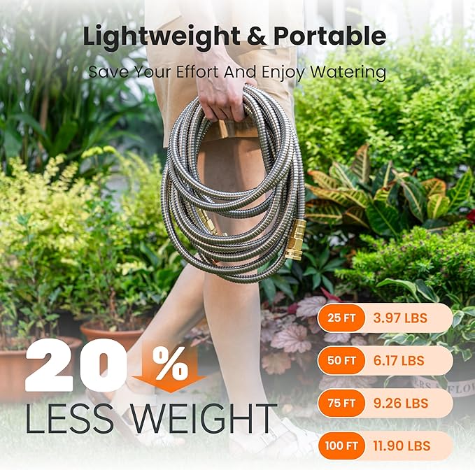 Giraffe Tools Garden Hose 75ft x 5/8", 304 Stainless Steel Metal Water Hose, No Kink Garden Water Hose with 9 Pattern Spray Nozzle, Flexible, Lightweight, Kink Free Hose for Yard, Outdoor