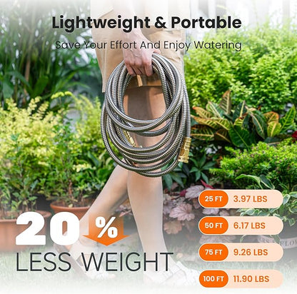 Giraffe Tools Garden Hose 25ft x 5/8", 304 Stainless Steel Metal Water Hose, No Kink Garden Water Hose with 9 Pattern Spray Nozzle, Flexible, Lightweight, Kink Free Hose for Yard, Outdoor