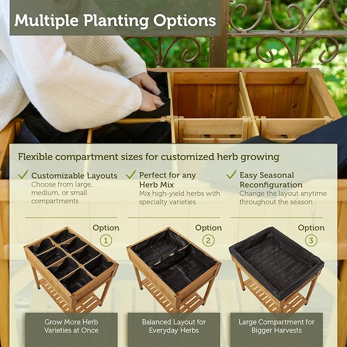 VegTrug Custom Herb Garden Planter Box, Natural Cedar Wood - Versatile Multi-Liner Raised Garden Bed with Storage Shelf for Patio, Balcony & Courtyard Gardening