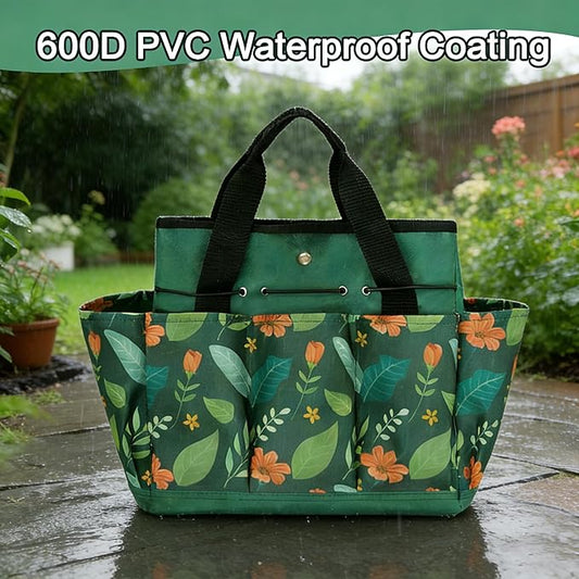Waterproof Garden Tool Bag, 600D Oxford Portable Gardening Tote with Handle & Multi Pockets, Ideal Gifts for Parents Women (Green Flower, Tools Not Included)