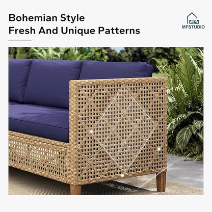 MFSTUDIO Wicker Patio Furniture Set, L Shaped Outdoor Couch Set, Rattan Outdoor Sectional Sofa with Acacia Wood Coffee Table, 3 Pieces Small Patio Conversation Set for Backyard, Navy Blue