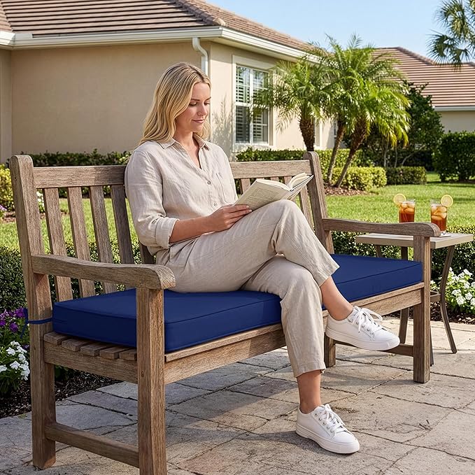Summsun Outdoor Bench Cushion: Waterproof and Fade Resistant Patio Furniture Cushions - Non-Slip Bench Pad Cushion with Removable Cover for Garden Swing Porch Sofa Settee, 42 x 18 Inch, Navy Blue