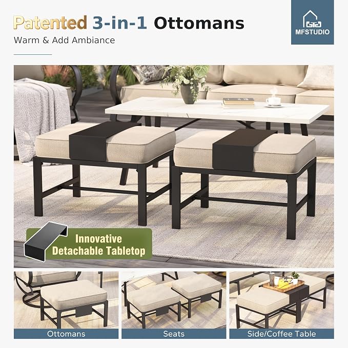 MFSTUDIO 7 Pieces Metal Patio Furniture Sets, 2 Swivel Chairs, 3-Seat Deep Seating Sofa, 2 Single Couch and 2 Ottoman, All Weather 9 Seats Outdoor Conversation Set for Garden Backyard，Beige Cushion