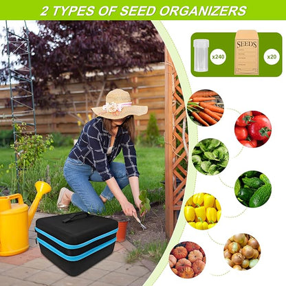 240 Slots Seed Storage Organizer Box with 20 Envelopes, Large Capacity Seed Storage Container with Zipper Bag, Label Stickers, Tweezers, Funnel, Garden Seeds Saver Kit for Vegetable, Flower