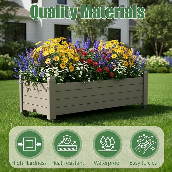Raised Garden Bed with Wheels Outdoor, Resin Planter Box with Drain Hole and Water Level Detector for Backyard, Patio, Balcony(Gray)