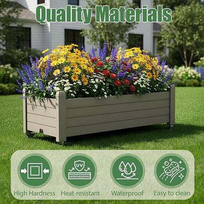 Raised Garden Bed with Wheels Outdoor, Resin Planter Box with Drain Hole and Water Level Detector for Backyard, Patio, Balcony(Gray)