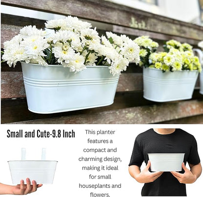 LaLaGreen Outdoor Rail Planter (10 Pack, 9.8 Inch) Small and Cute White Metal Iron Hanging Flower Pot Deck Railings Fence Buckets Countryside Style Wall Mount Window Box Plant Holder Hooks Porch Decor
