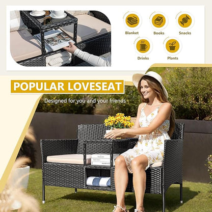 Devoko Outdoor Patio Loveseat Modern Rattan 2-Seat Patio Conversation Set with Cushions & Built-in Coffee Table Porch Furniture for Garden Lawn Backyard (Beige)