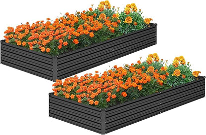 MGNO 2pcs 8x2x1FT Galvanized Raised Garden Bed-Outdoor Planter Box for Vegetables-Metal Garden Bed,Rectangle Planting Box for Herb,Flower,Black