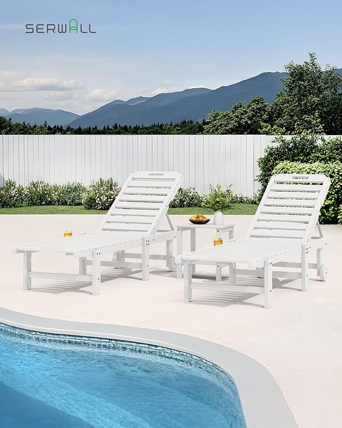 SERWALL Patio Chaise Lounge Set of 4, HDPE Outdoor Lounge Chair with Cup Holder, 5 Positions Adjustable Pool Lounge Chair with Rolling Wheels for Poolside, Deck, Sunbathing, White