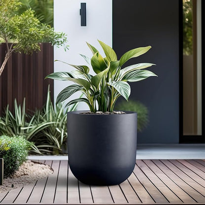 Kante 16.5" Round Concrete Planter, Large Cylinder Plant Pot with Curved Bottom and Drainage Hole, for Indoor and Outdoor Use – Garden or Patio, Charcoal Finish with Warm Brown Interior