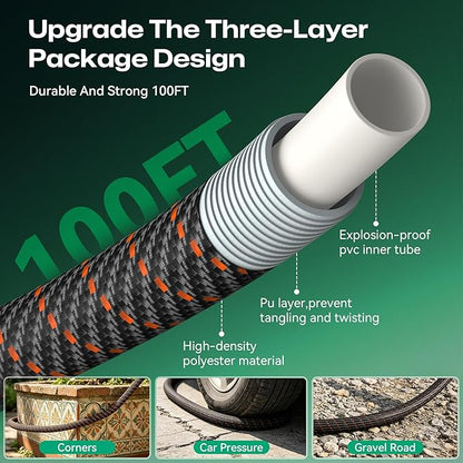 Garden Hose 100ft NON-EXPANDABLE Water Hose, 3-Layer Lightweight Nylon Braided Hose for Yard, Car Wash & Pet Shower, 600 PSI Burst Heavy Duty Kink-Free with 10-Way Nozzle & 3/4" Brass Fittings
