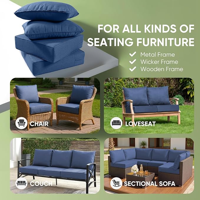 Outdoor Chair Cushions Set of 3, Waterproof 24x24 Patio Chair Cushion, 6" Thickened Seat Cushion for Outdoor Furniture, Couch Cushion Replacement, Include 3 Back & 3 Seat Cushions, Thick/Blue