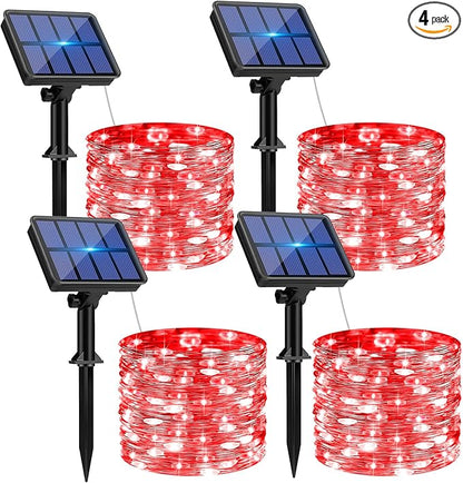 btfarm 4 Pack Solar String Lights Outdoor - 320LED 132FT Solar Fairy Lights Outside Waterproof 8 Modes, Copper Wire Solar Powered Twinkling Lights for Tree Garden Christmas Wedding Party Decor, Red