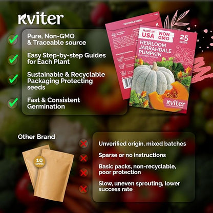KVITER 25 Jarrahdale Pumpkin Seeds (Cucurbita Maxima) - Blue Pumpkin, Rich Flavor, Heirloom and Non GMO Seed in Seed Packets - Vegetable Seeds for Outdoors, Great for Raised Beds and Containers