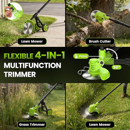 Weed Wacker Cordless with Wheel, 4 in 1 Electric Weed Eater Battery Powered Brush Cutter String Trimmer Edger, 4000mAh Stringless Weed Trimmer Lightweight Grass Trimmer Mower, 2 Battery and Charegr