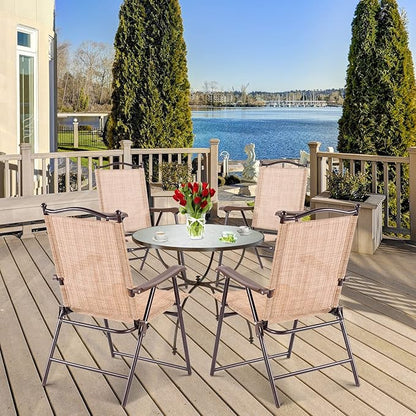 Tangkula Set of 4 Patio Folding Dining Chairs, Outdoor Sling Lawn Chairs with Armrests, Steel Frame, Portable Camping Lounge Chairs for Backyard, Deck, Poolside and Garden, No Assembly (2, Beige)