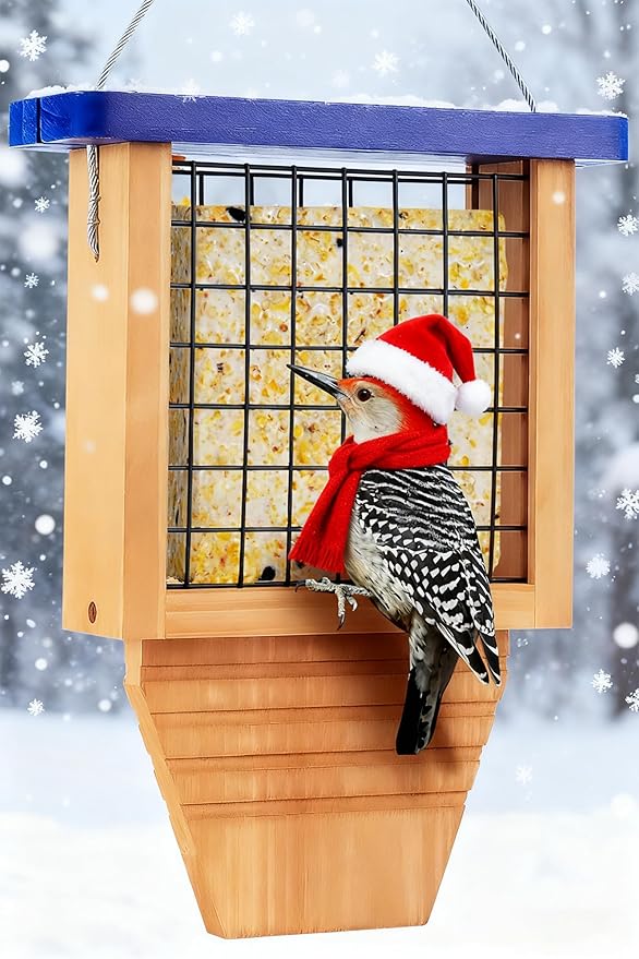 Wooden Suet Bird Feeder for Outside Hanging, Woodpecker Suet Feeder with Tail Prop, Hanging Bird Feeder for Wild Birds, 1 Pack, Blue