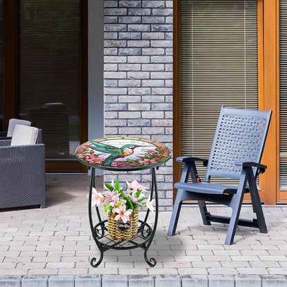 Cinnvoice Outdoor Side Table Round Small Mosaic Patio Accent Indoor End Plant Coffee Tea Table for Yard Patio Porch Garden Living Room, Bedroom(Hummingbird Style,14 Inch)
