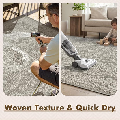 MontVoo-Outdoor Rug-Patio Rug 8x10 Polypropylene Indoor Outdoor Rugs Carpet for Patio Deck Balcony Porch, Textured Weave, Durable for High Traffic, Fade-Resistant, Vintage Medallion Silver Grey