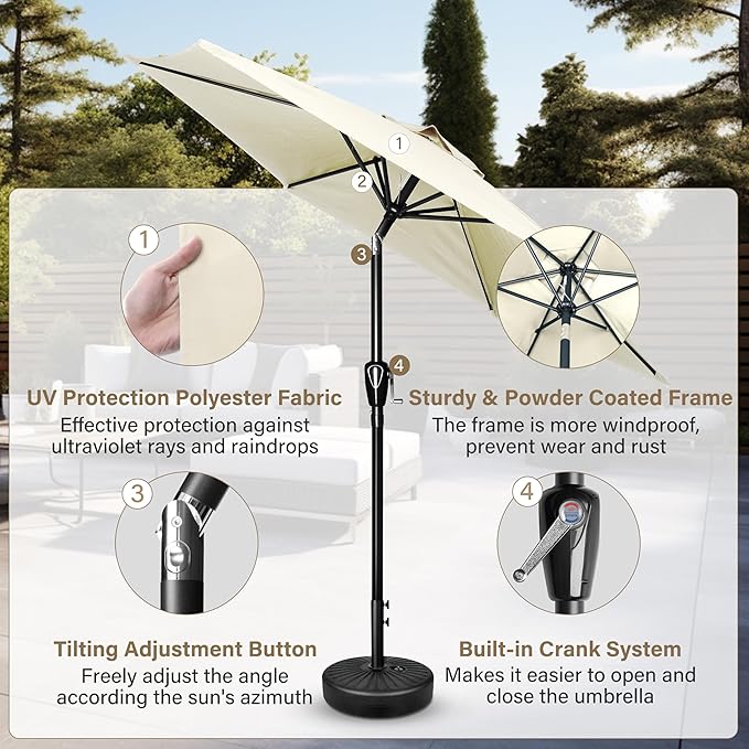 Simple Deluxe 7.5ft Patio Umbrella Outdoor Table Market Yard Umbrella with Push Button Tilt/Crank, 6 Sturdy Ribs for Garden, Deck, Backyard, Pool, Creamy White