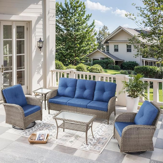 5 Pieces Wicker Patio Furniture Set-Outdoor Swivel Rocker Patio Chairs Patio Sofa Set with Tempered Glass Top Outdoor Coffee Table for Deck Lawn Porch Balcony Poolside-Grey/Blue