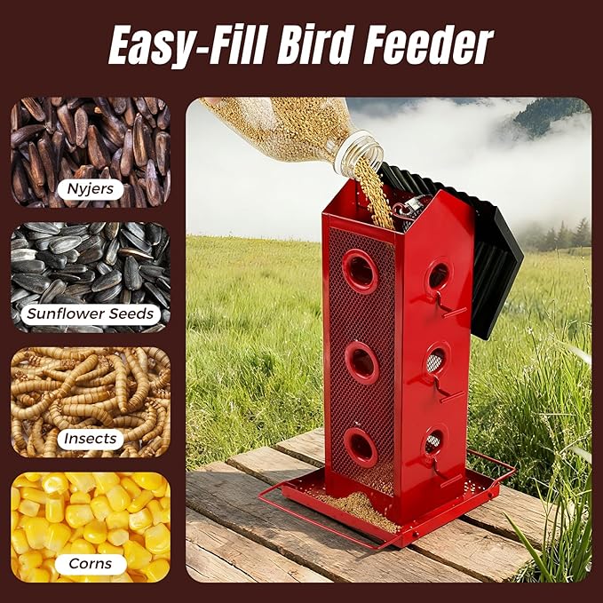 Squirrel-Proof Bird Feeder for Outdoors Hanging | 14-Port Multi-Bird Viewing | All Metal, Waterproof & Easy-Clean | Attracts Cardinals, Finches, Chickadees & More (Elegant Red & Black)