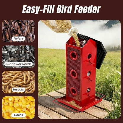 Squirrel-Proof Bird Feeder for Outdoors Hanging | 14-Port Multi-Bird Viewing | All Metal, Waterproof & Easy-Clean | Attracts Cardinals, Finches, Chickadees & More (Elegant Red & Black)