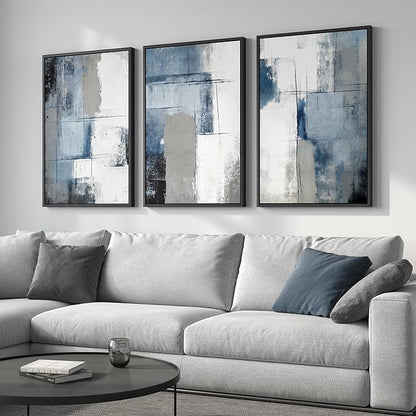 Large Framed Blue and Grey Abstract Wall Art for Living Room, 3 Piece Modern Canvas Prints Paintings Artwork for Walls, Minimalist Abstract Pictures Wall Decor for Hallway Office Bedroom 24x36 In