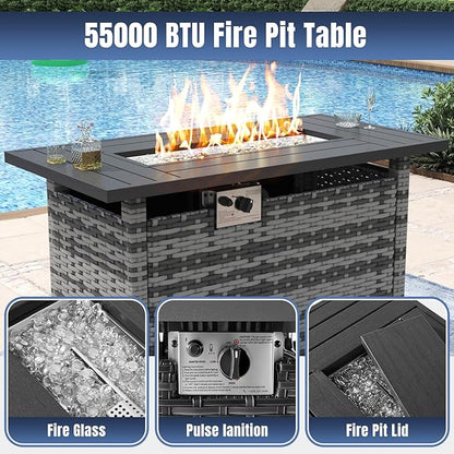 Aoxun 13 Pieces Patio Furniture Set with 44” Fire Pit Table Wicker Rattan Outdoor Sectional Conversation Set with Coffee Table and 4” Thickened Cushions, Gray/Blue(Waterproof Cover Included)