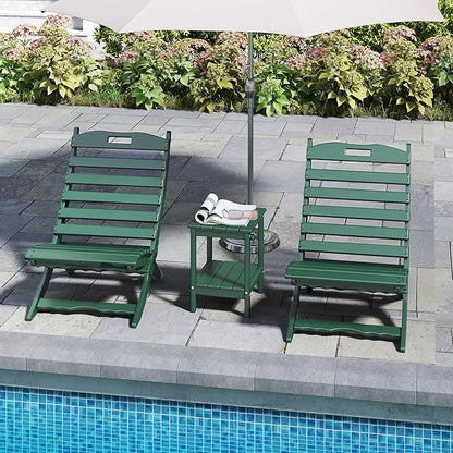 GREENVINES 3 Pieces Patio Furniture Set | Outdoor Bistro Sets for 2 | HDPE Plastic | Folding-Adirondack-Chairs-with-Side-Table | All Weather | Xavier Chair | for Porch Deck Poolside Backyard | Forest