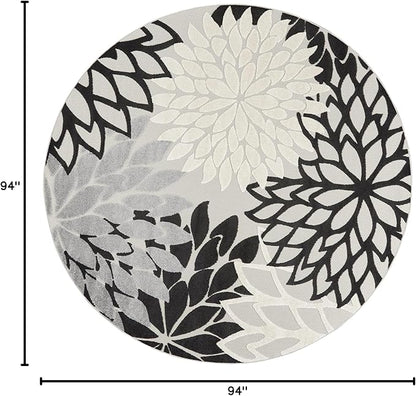Nourison Aloha Indoor/Outdoor Black White 7'10" x Round Area Rug, Tropical, Botanical, Easy Cleaning, Non Shedding, Bed Room, Living Room, Dining Room, Deck, Backyard, Patio (8 Round)