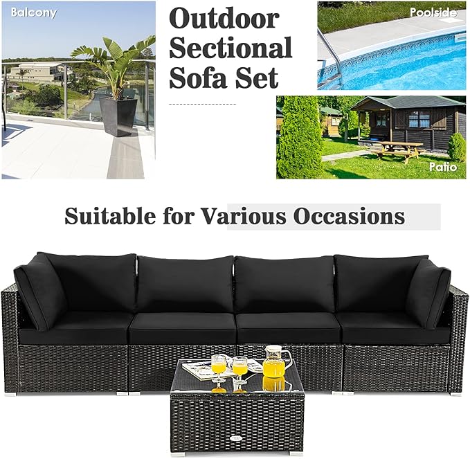 HAPPYGRILL 5 PCS Patio Furniture Set Outdoor Rattan Wicker Sofa Set with Coffee Table Sectional Sofa Conversation Set with Pillows Cushions for Backyard Porch Garden Poolside