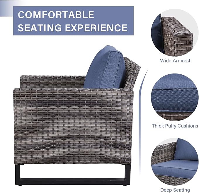 Rilyson Wicker Outdoor Patio Chairs Set - 3 Piece Rattan Patio Furniture Bistro Chairs Set with Waterproof Wicker,Comfortable Cushions and Sturdy Metal Frame for Porch Deck Backyard(Mixed Grey/Blue)