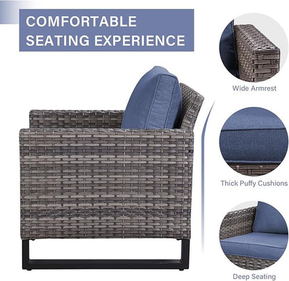 Rilyson Wicker Outdoor Patio Chairs Set - 3 Piece Rattan Patio Furniture Bistro Chairs Set with Waterproof Wicker,Comfortable Cushions and Sturdy Metal Frame for Porch Deck Backyard(Mixed Grey/Blue)