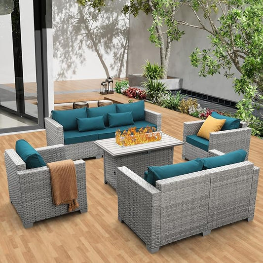 WAROOM Patio Furniture Set 5 Piece Grey Wicker Outdoor Furniture with Fire Pit Table, Patio Sectional Sofa Couch Sets Backyard Deep Seating PE Rattan Chairs, Peacock Blue Cushion
