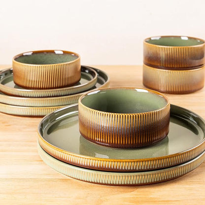 TheTerra Ceramic Dinnerware Sets for 4, 16 Pieces Porcelain Lightweight Plates and Bowls Sets, Scratch Resistant Dish Set, Oven & Microwave & Dishwasher Safe, Sage Umber