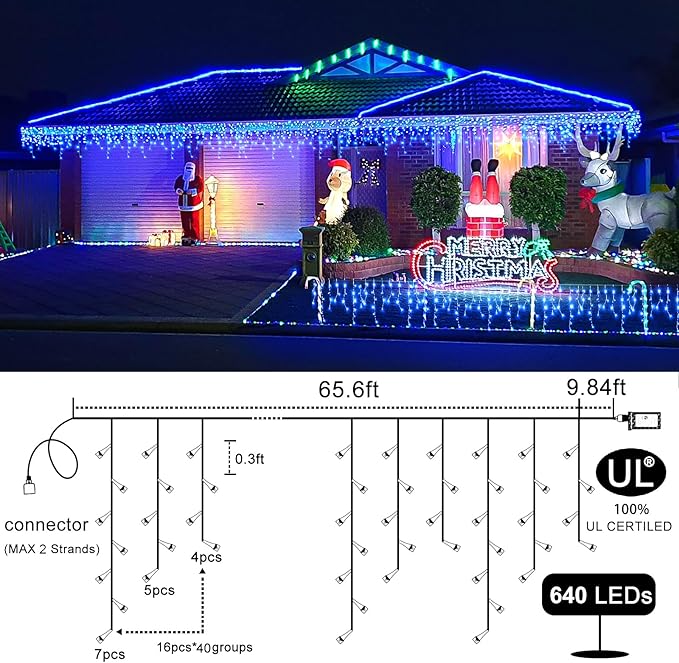 Christmas Icicle Lights Outdoor 66 FT 640 LED Icicle Lights Plug in Conenectable Hanging Christmas Light for Outside Holiday Pavilion Balcony House Decorations, Blue