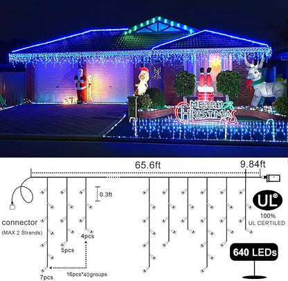 Christmas Icicle Lights Outdoor 66 FT 640 LED Icicle Lights Plug in Conenectable Hanging Christmas Light for Outside Holiday Pavilion Balcony House Decorations, Blue