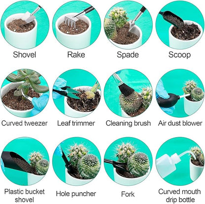 20pcs Small Gardening Tools Gifts for Women Beginners - Garden Hand Tools Set for Indoor Succulent Bonsai Plants Transplanting, Included 39.4" Plant Repotting Mat/Miniature Shovel/Labels, Green