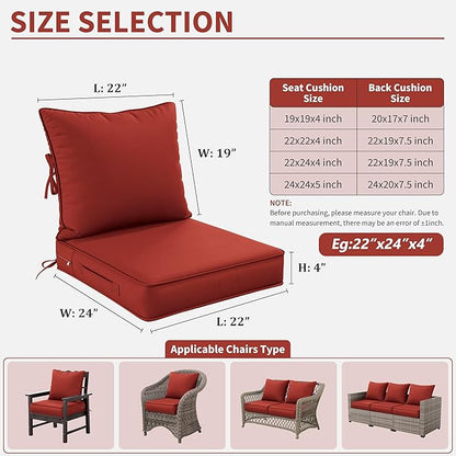 Premium Outdoor Seat Cushion Chair Cushions for Patio Furniture 22 L X 24 W X 4 H Waterproof & Fade Resistant Deep Seat and Backrest Cushion Set with Removable Covers for Chair, Sofa