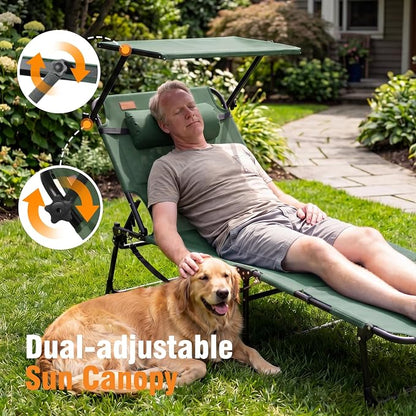 Tanning Chair with Face Hole & Canopy, 28'' Extra Wide, Green | Folding Chaise Lounge Chair with 4-Position Adjustable Backrest for Beach, Pool, Patio & Camping