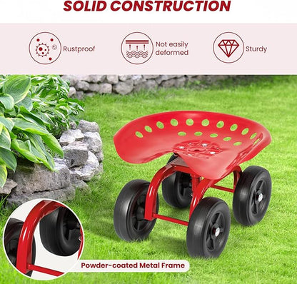 Giantex Garden Cart, Rolling Workseat with 4 Wheels, Garden Stool 360° Swivel Work Seat & Adjustable Height, Heavy Duty Wagon Scooter for Gardening for Patio Garden, Lawn, Yard (Red)