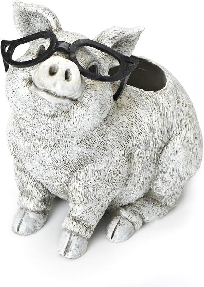 Roman Exclusive White Pig Wearing Silly Black Spectacles Planter, 9.5-Inch, Made of Dolomite/Resin