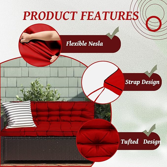 2/3 Seater Swing Replacement Cushion, Waterproof Porch Swing Cushions with Backrest, Thickened Bench Cushions for Outdoor Furniture, for Outdoor Patio Swing (Red, 55 * 40in)