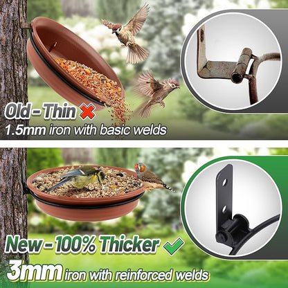 Fence Bird Feeders Tray - 2pcs Tree Mounted Wild Bird Bath for Outdoors Place Food Water, Installed on Wooden Deck Fence with Heavy Duty Iron Ring, 8.3'' Dia. (Brown)