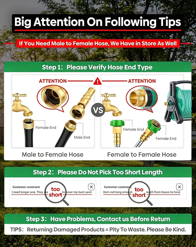Short Metal Garden Hose 3 ft with Female to Female Connector， Stainless Steel Small Leader Hose for Hose Reel, Long, Flexible, Lightweight & Heavy Duty Water Pipe, Outdoor Water Hose Extension Adapter